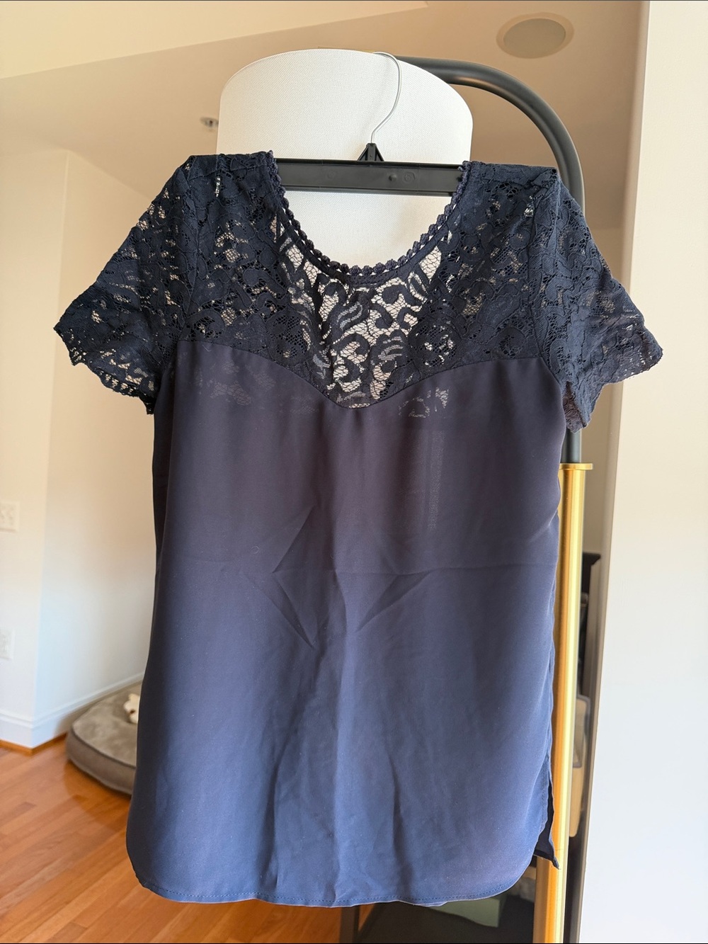Women's Navy Lace Yoke Short Sleeve Top
